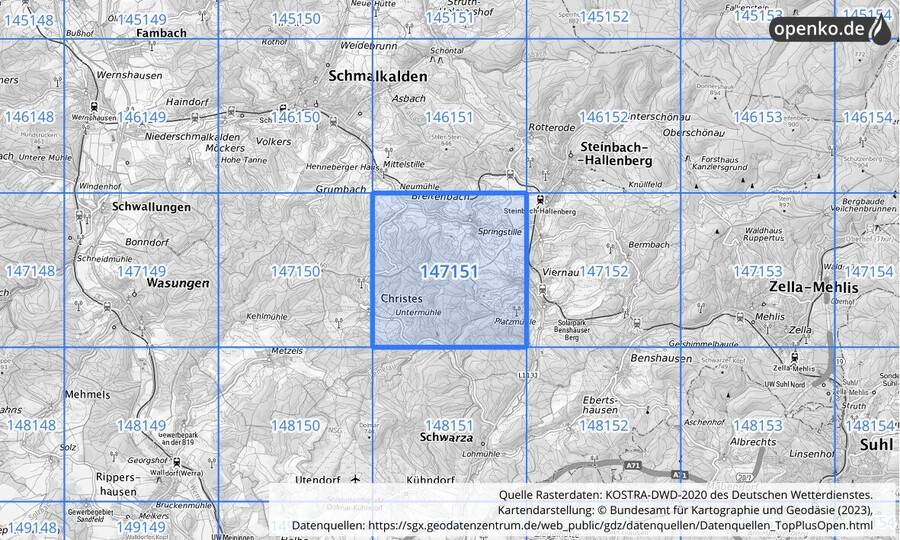 Übersichtskarte des KOSTRA-DWD-2020-Rasterfeldes Nr. 147151