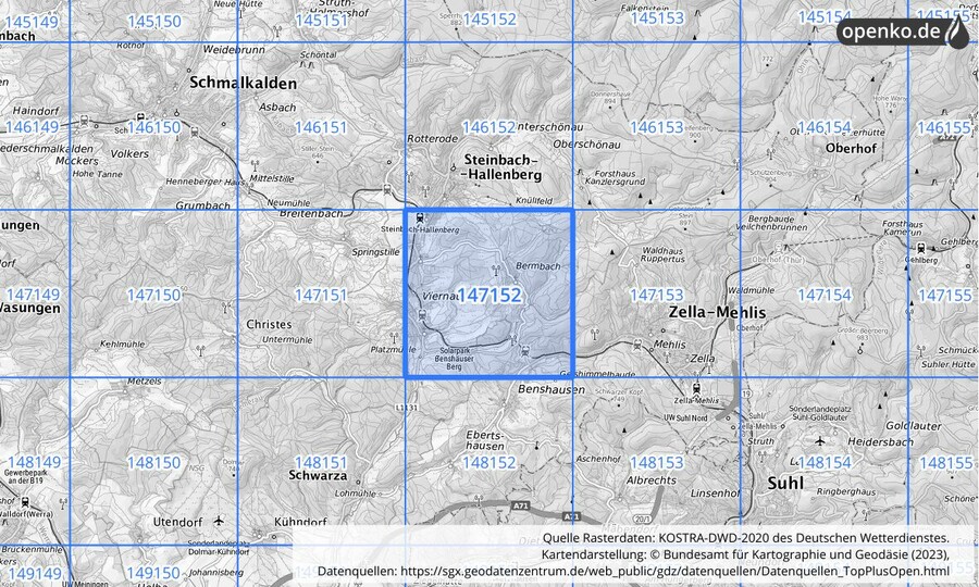 Übersichtskarte des KOSTRA-DWD-2020-Rasterfeldes Nr. 147152