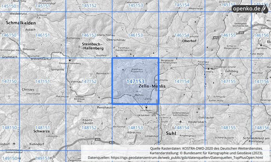 Übersichtskarte des KOSTRA-DWD-2020-Rasterfeldes Nr. 147153