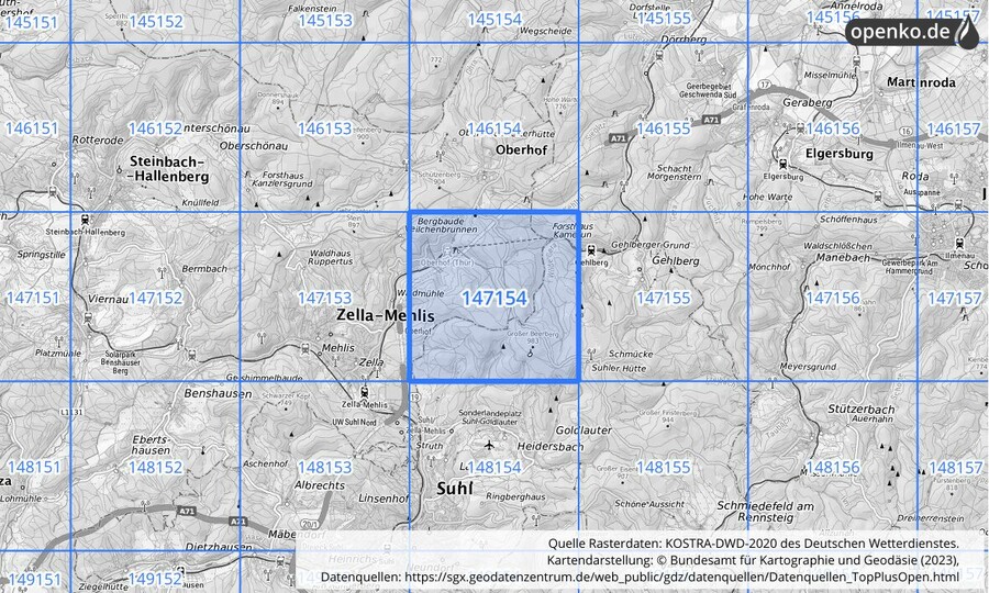 Übersichtskarte des KOSTRA-DWD-2020-Rasterfeldes Nr. 147154