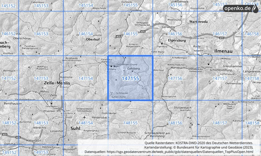 Übersichtskarte des KOSTRA-DWD-2020-Rasterfeldes Nr. 147155