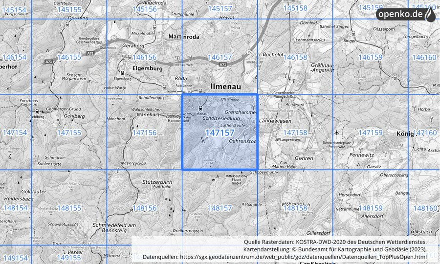 Übersichtskarte des KOSTRA-DWD-2020-Rasterfeldes Nr. 147157