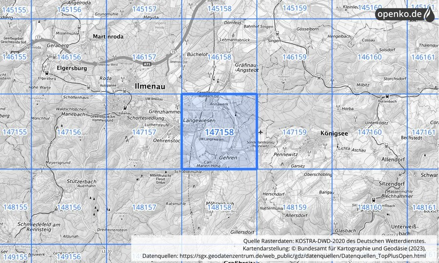 Übersichtskarte des KOSTRA-DWD-2020-Rasterfeldes Nr. 147158