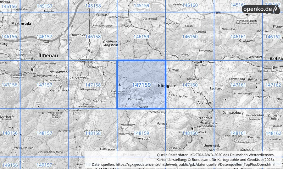 Übersichtskarte des KOSTRA-DWD-2020-Rasterfeldes Nr. 147159