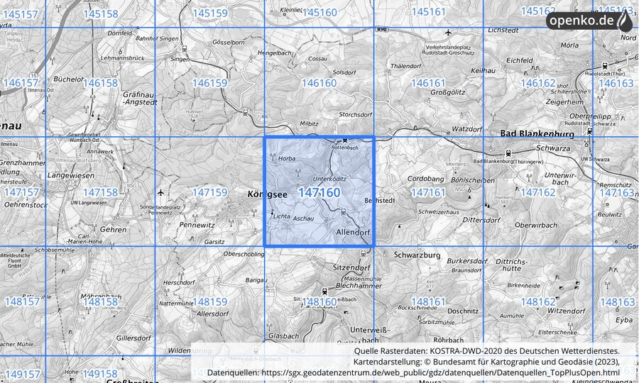 Übersichtskarte des KOSTRA-DWD-2020-Rasterfeldes Nr. 147160