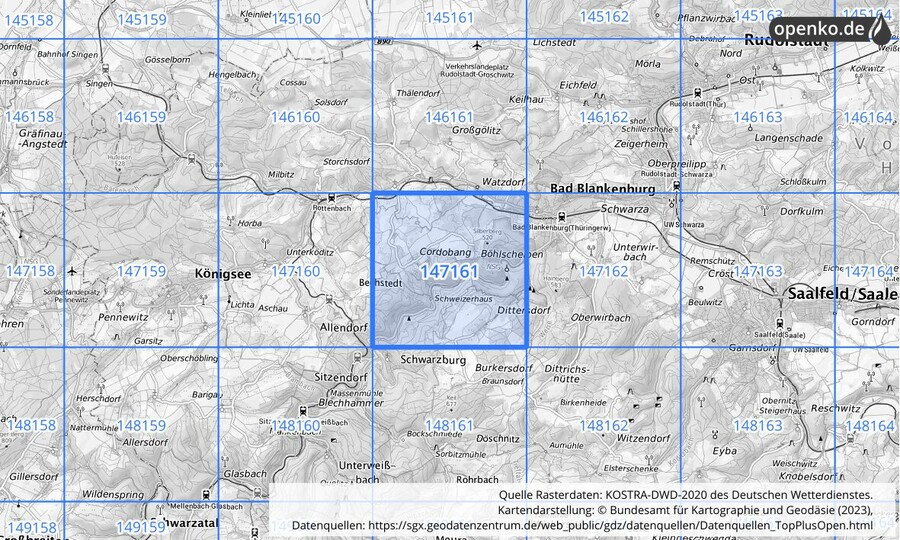 Übersichtskarte des KOSTRA-DWD-2020-Rasterfeldes Nr. 147161