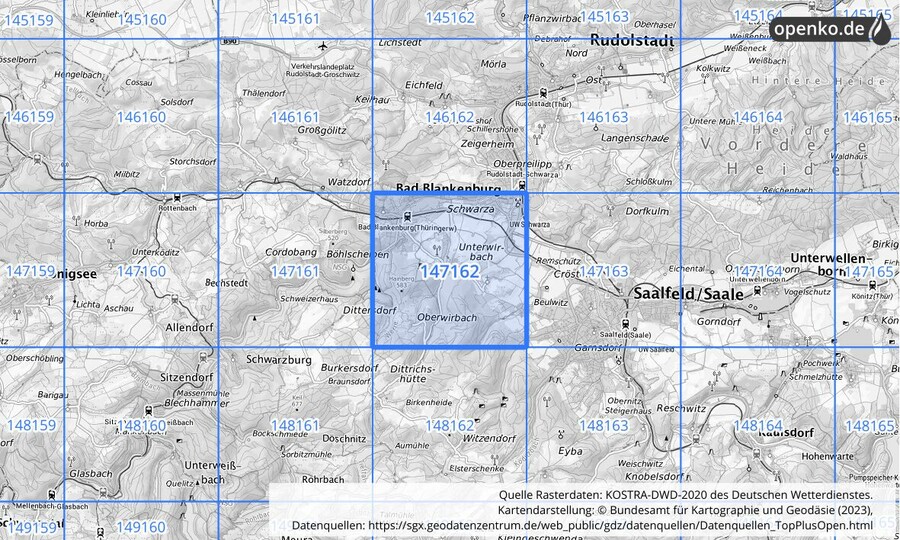 Übersichtskarte des KOSTRA-DWD-2020-Rasterfeldes Nr. 147162