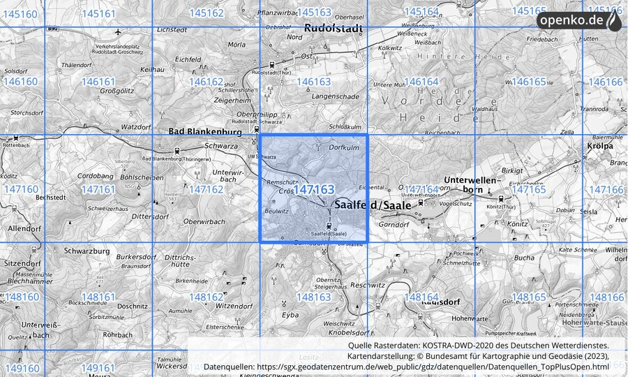 Übersichtskarte des KOSTRA-DWD-2020-Rasterfeldes Nr. 147163