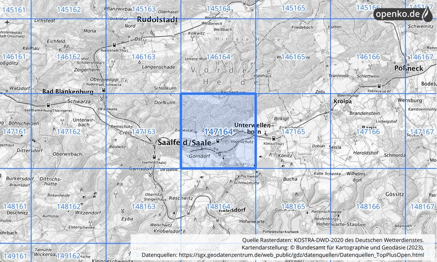 Übersichtskarte des KOSTRA-DWD-2020-Rasterfeldes Nr. 147164