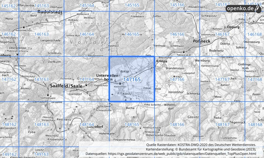 Übersichtskarte des KOSTRA-DWD-2020-Rasterfeldes Nr. 147165