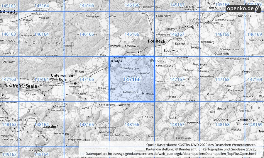 Übersichtskarte des KOSTRA-DWD-2020-Rasterfeldes Nr. 147166