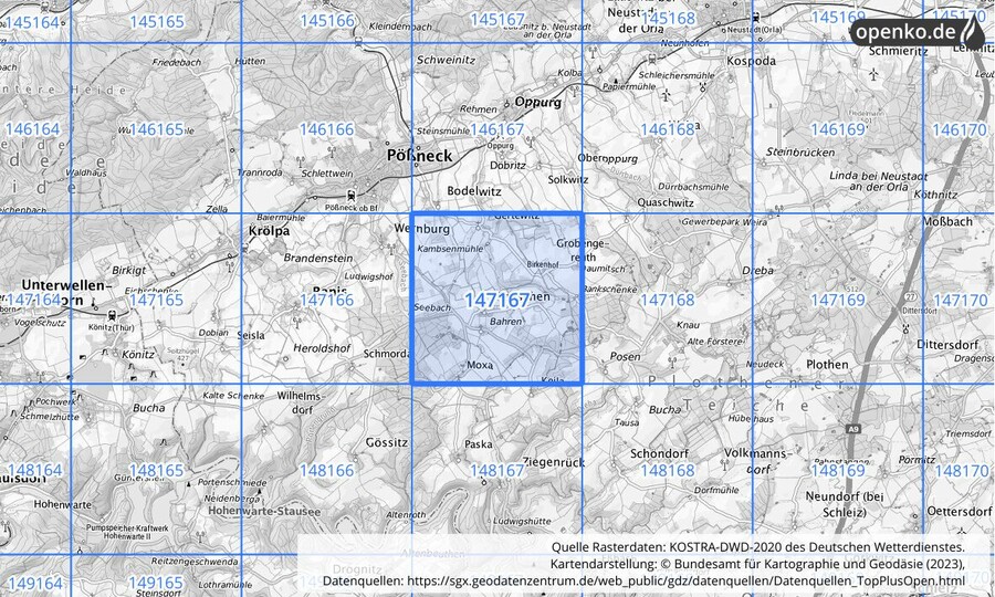 Übersichtskarte des KOSTRA-DWD-2020-Rasterfeldes Nr. 147167