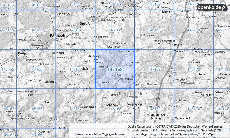 Übersichtskarte des KOSTRA-DWD-2020-Rasterfeldes Nr. 147168