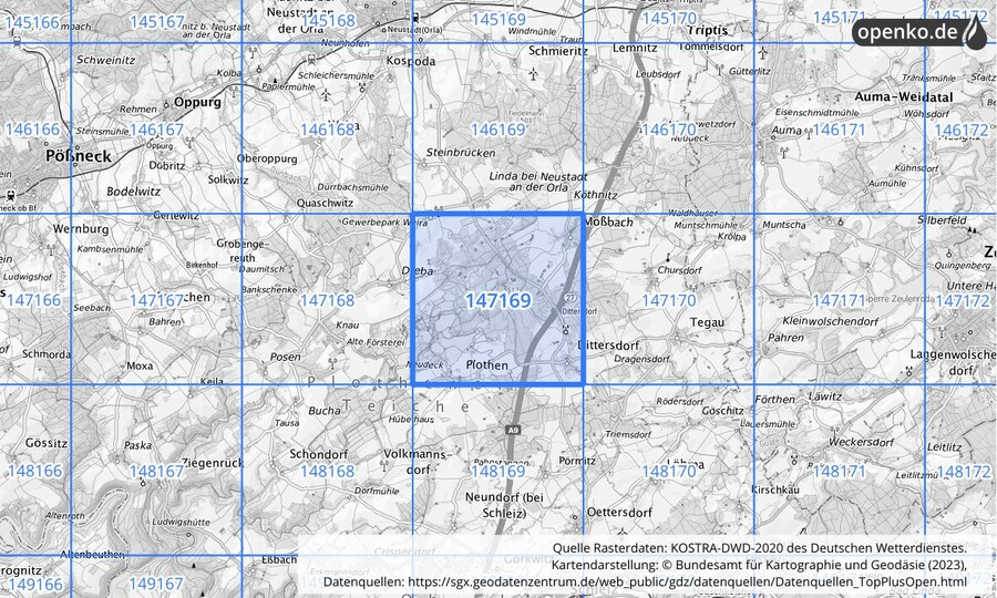 Übersichtskarte des KOSTRA-DWD-2020-Rasterfeldes Nr. 147169