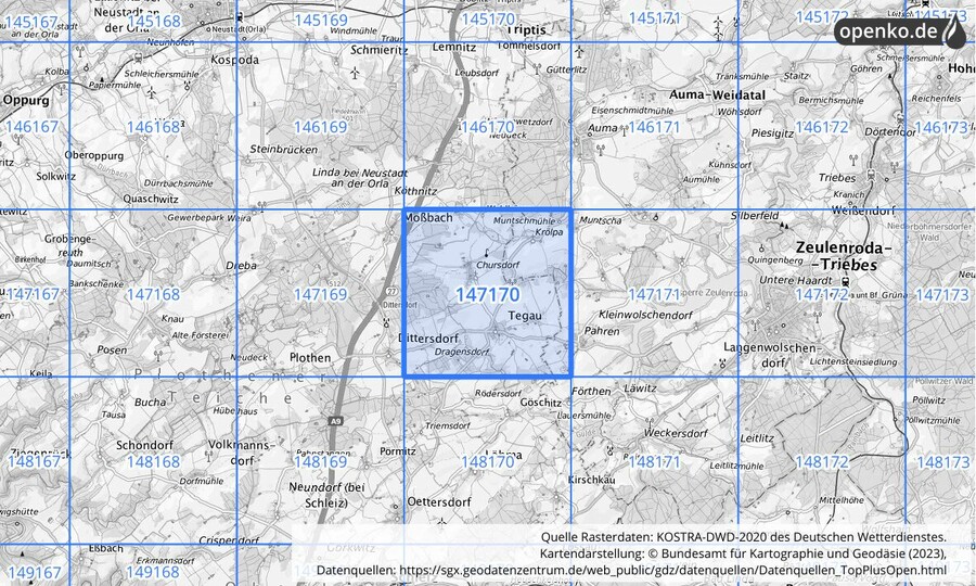 Übersichtskarte des KOSTRA-DWD-2020-Rasterfeldes Nr. 147170