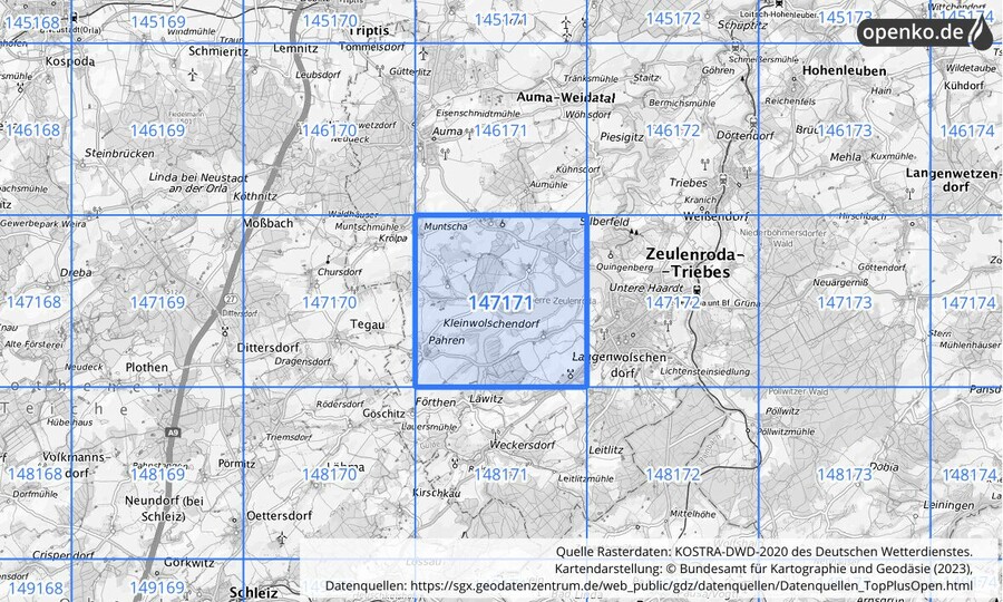 Übersichtskarte des KOSTRA-DWD-2020-Rasterfeldes Nr. 147171