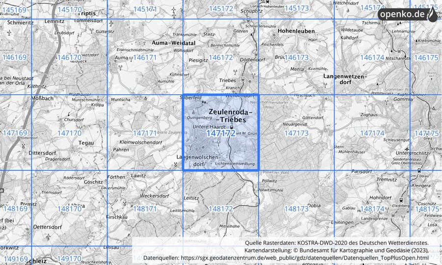 Übersichtskarte des KOSTRA-DWD-2020-Rasterfeldes Nr. 147172