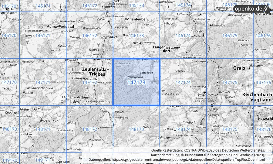 Übersichtskarte des KOSTRA-DWD-2020-Rasterfeldes Nr. 147173