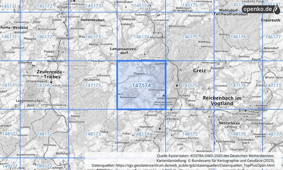 Übersichtskarte des KOSTRA-DWD-2020-Rasterfeldes Nr. 147174