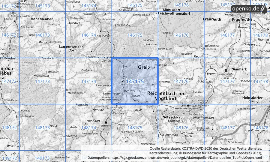 Übersichtskarte des KOSTRA-DWD-2020-Rasterfeldes Nr. 147175