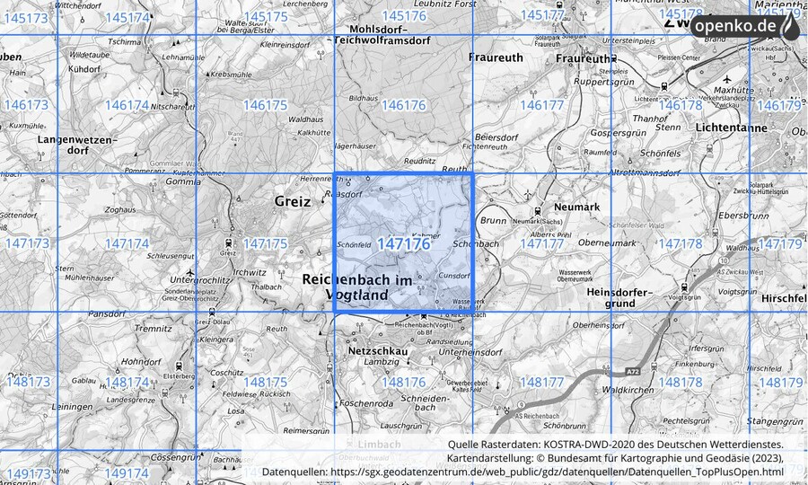 Übersichtskarte des KOSTRA-DWD-2020-Rasterfeldes Nr. 147176