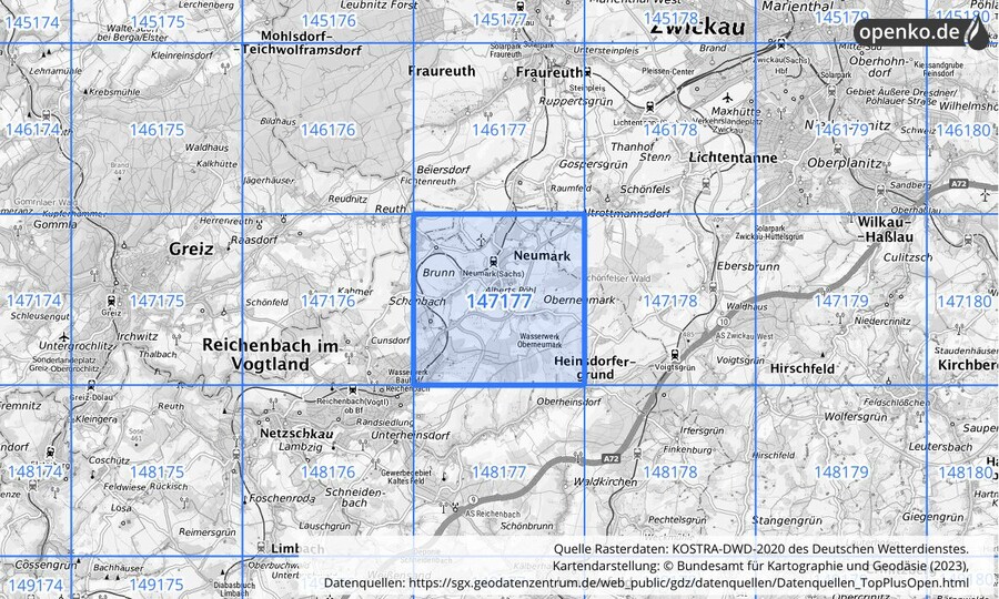 Übersichtskarte des KOSTRA-DWD-2020-Rasterfeldes Nr. 147177
