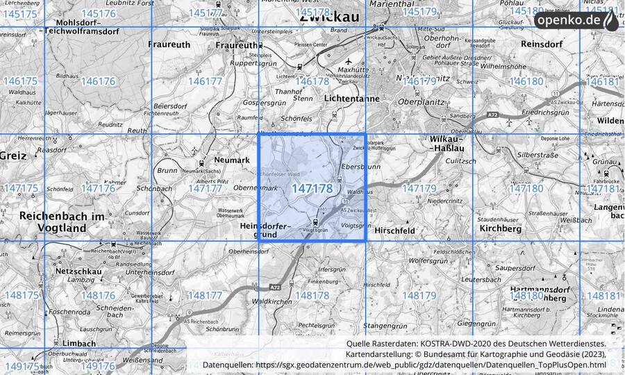 Übersichtskarte des KOSTRA-DWD-2020-Rasterfeldes Nr. 147178