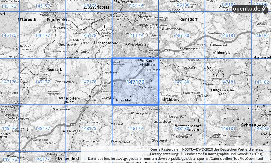 Übersichtskarte des KOSTRA-DWD-2020-Rasterfeldes Nr. 147179