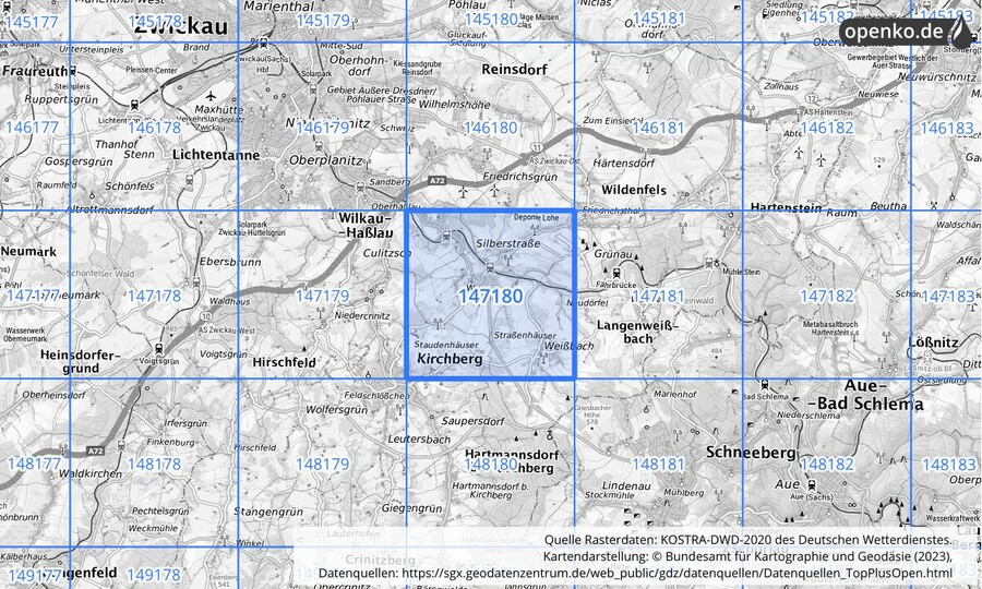 Übersichtskarte des KOSTRA-DWD-2020-Rasterfeldes Nr. 147180