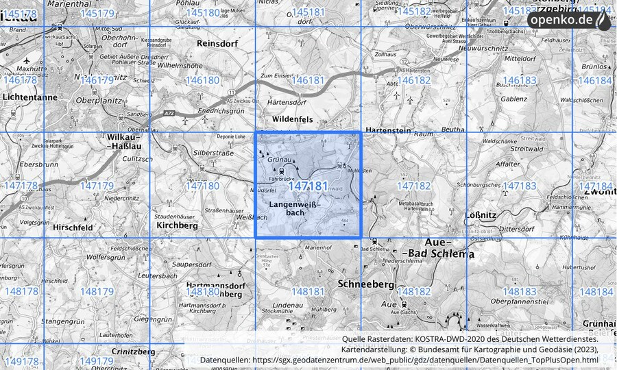 Übersichtskarte des KOSTRA-DWD-2020-Rasterfeldes Nr. 147181