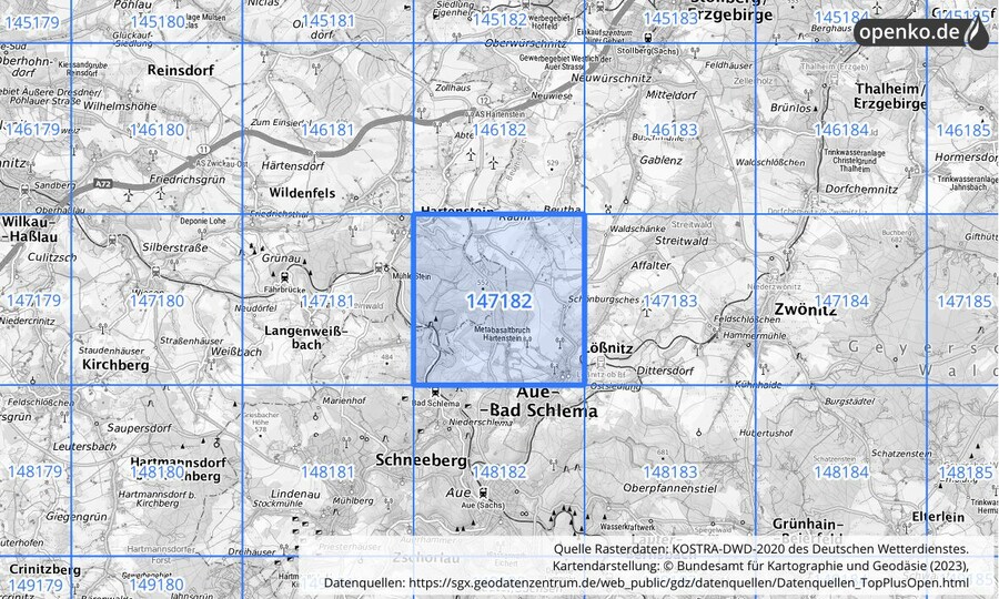 Übersichtskarte des KOSTRA-DWD-2020-Rasterfeldes Nr. 147182