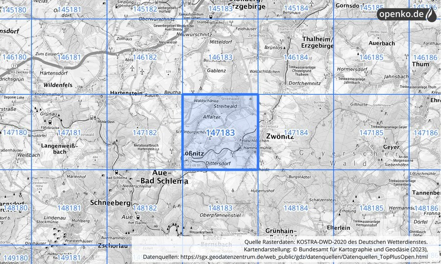 Übersichtskarte des KOSTRA-DWD-2020-Rasterfeldes Nr. 147183