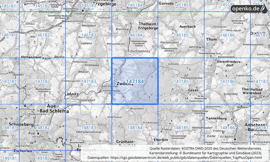 Übersichtskarte des KOSTRA-DWD-2020-Rasterfeldes Nr. 147184