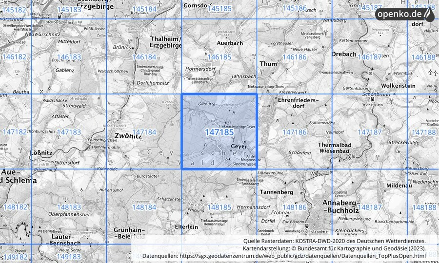 Übersichtskarte des KOSTRA-DWD-2020-Rasterfeldes Nr. 147185