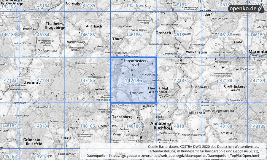 Übersichtskarte des KOSTRA-DWD-2020-Rasterfeldes Nr. 147186