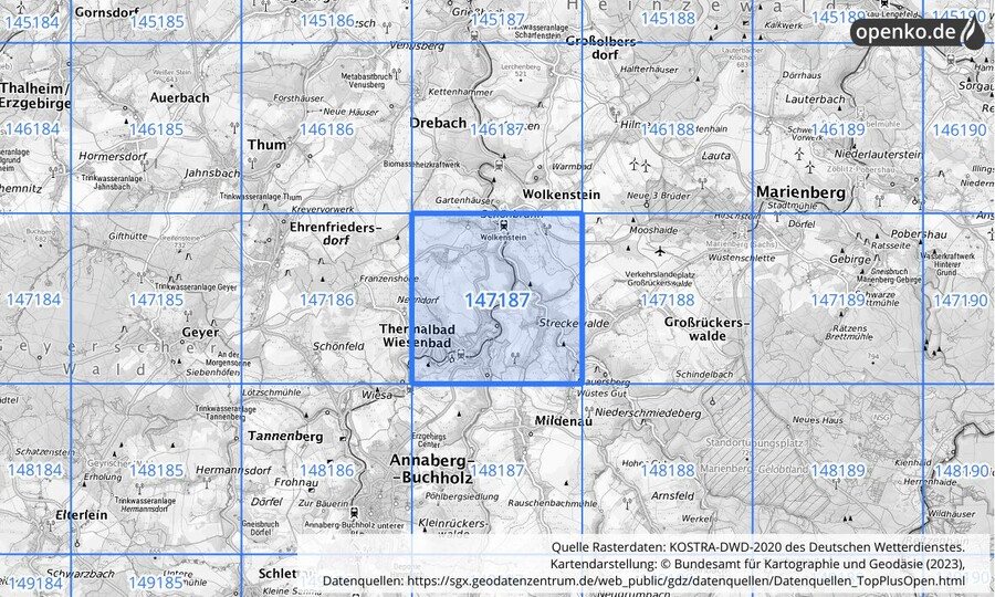 Übersichtskarte des KOSTRA-DWD-2020-Rasterfeldes Nr. 147187