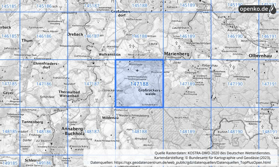 Übersichtskarte des KOSTRA-DWD-2020-Rasterfeldes Nr. 147188