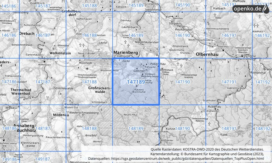 Übersichtskarte des KOSTRA-DWD-2020-Rasterfeldes Nr. 147189