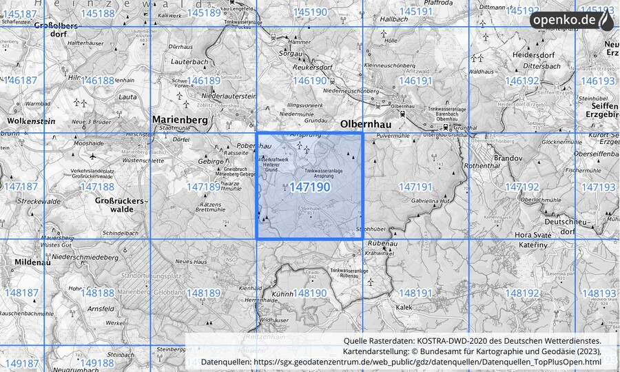 Übersichtskarte des KOSTRA-DWD-2020-Rasterfeldes Nr. 147190