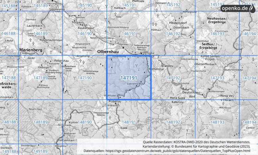 Übersichtskarte des KOSTRA-DWD-2020-Rasterfeldes Nr. 147191