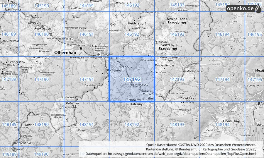 Übersichtskarte des KOSTRA-DWD-2020-Rasterfeldes Nr. 147192