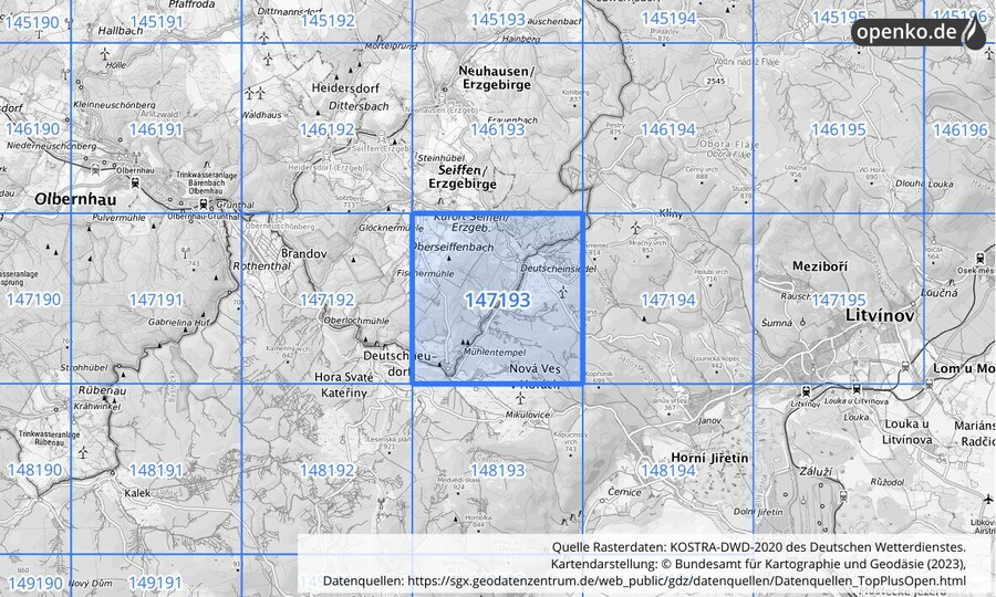 Übersichtskarte des KOSTRA-DWD-2020-Rasterfeldes Nr. 147193