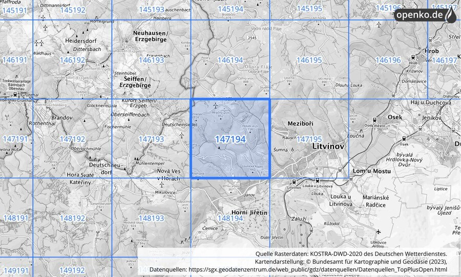 Übersichtskarte des KOSTRA-DWD-2020-Rasterfeldes Nr. 147194