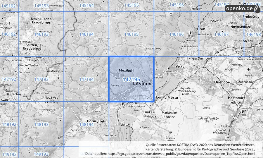 Übersichtskarte des KOSTRA-DWD-2020-Rasterfeldes Nr. 147195