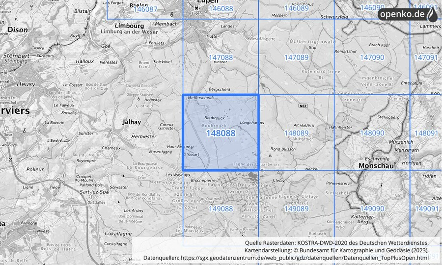 Übersichtskarte des KOSTRA-DWD-2020-Rasterfeldes Nr. 148088