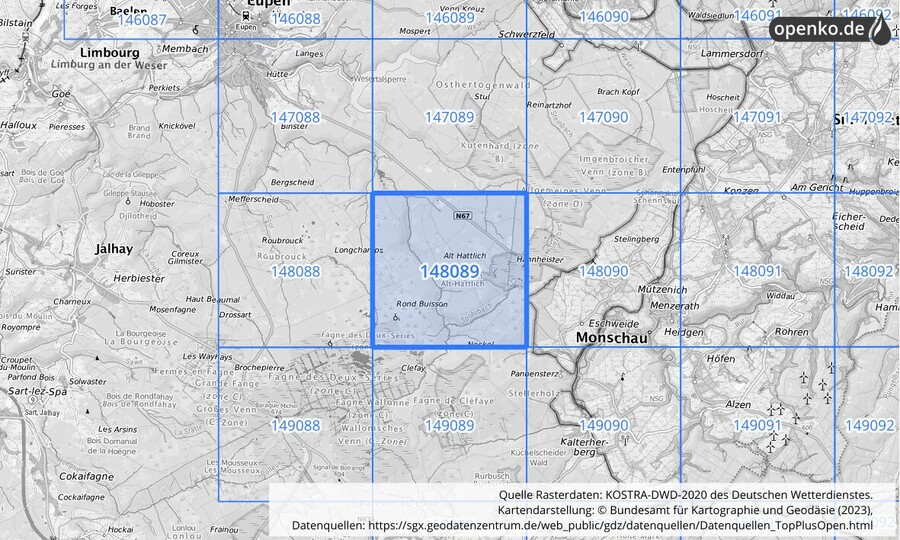 Übersichtskarte des KOSTRA-DWD-2020-Rasterfeldes Nr. 148089