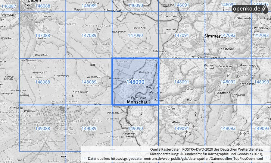 Übersichtskarte des KOSTRA-DWD-2020-Rasterfeldes Nr. 148090