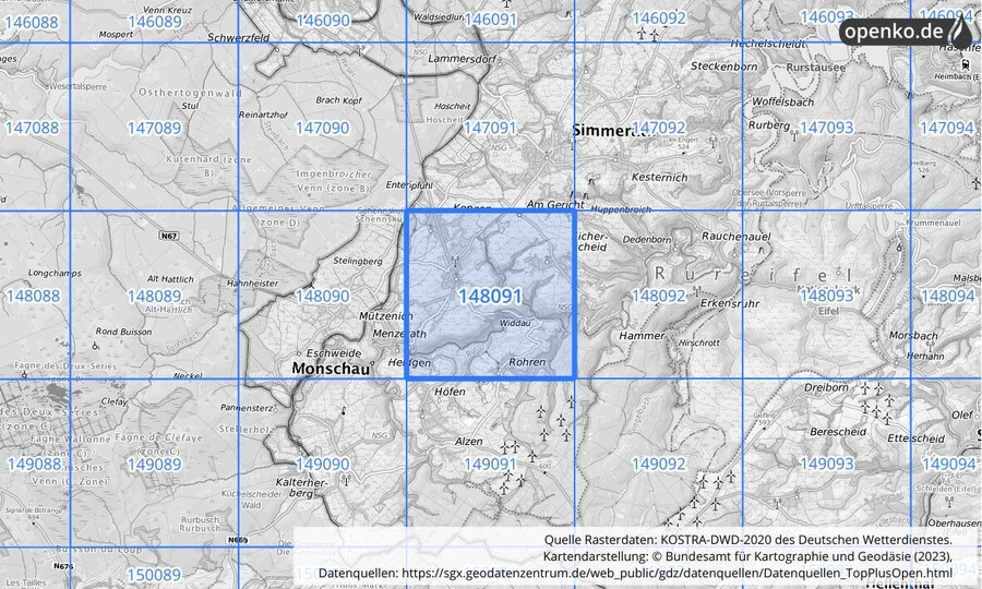 Übersichtskarte des KOSTRA-DWD-2020-Rasterfeldes Nr. 148091