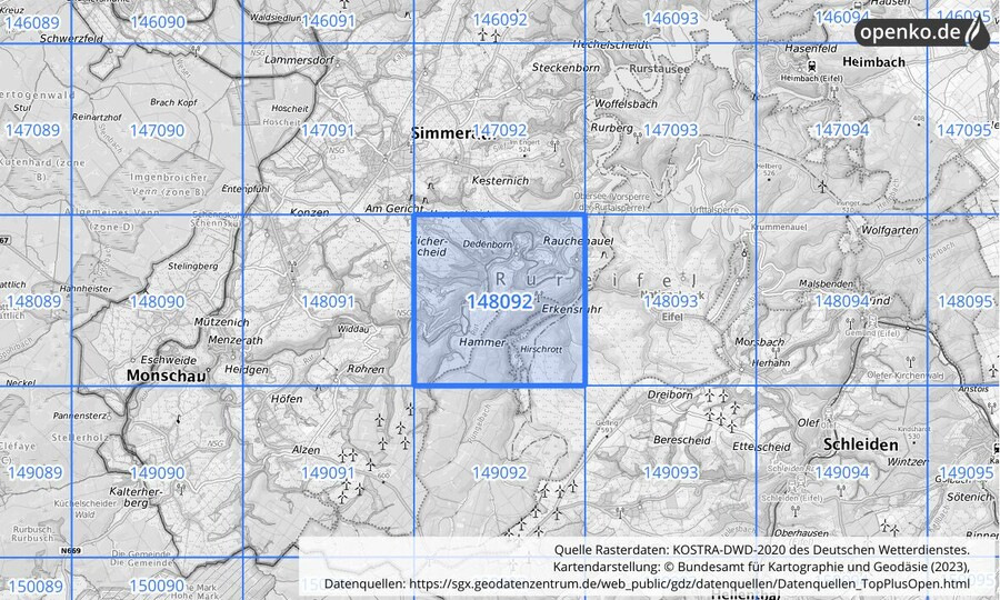 Übersichtskarte des KOSTRA-DWD-2020-Rasterfeldes Nr. 148092