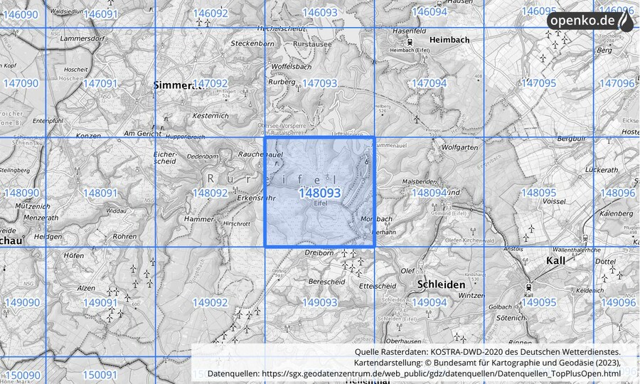 Übersichtskarte des KOSTRA-DWD-2020-Rasterfeldes Nr. 148093